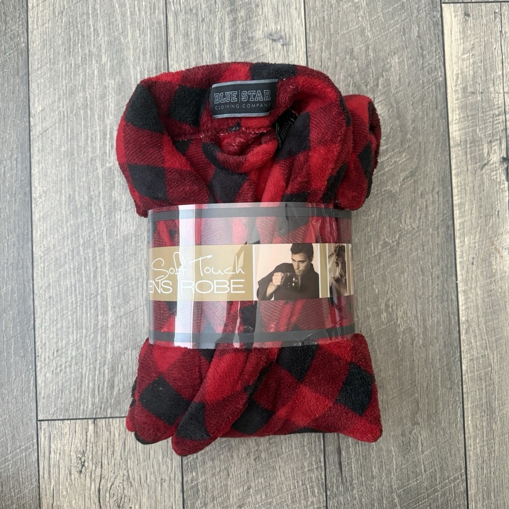 Blue Star Mens Plush Fleece Robe Red Black Buffalo Plaid One Size Soft Touch NEW